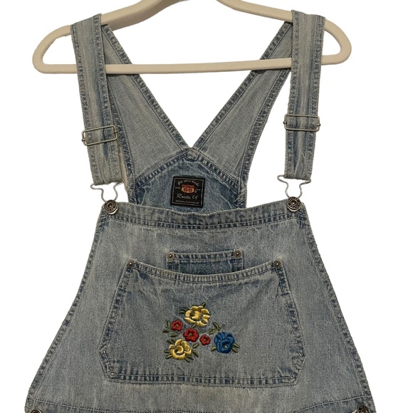 Route 66 Vintage 90's Y2K Denim Jean Overall Shorts Floral Embroidery Size L - Picture 2 of 13